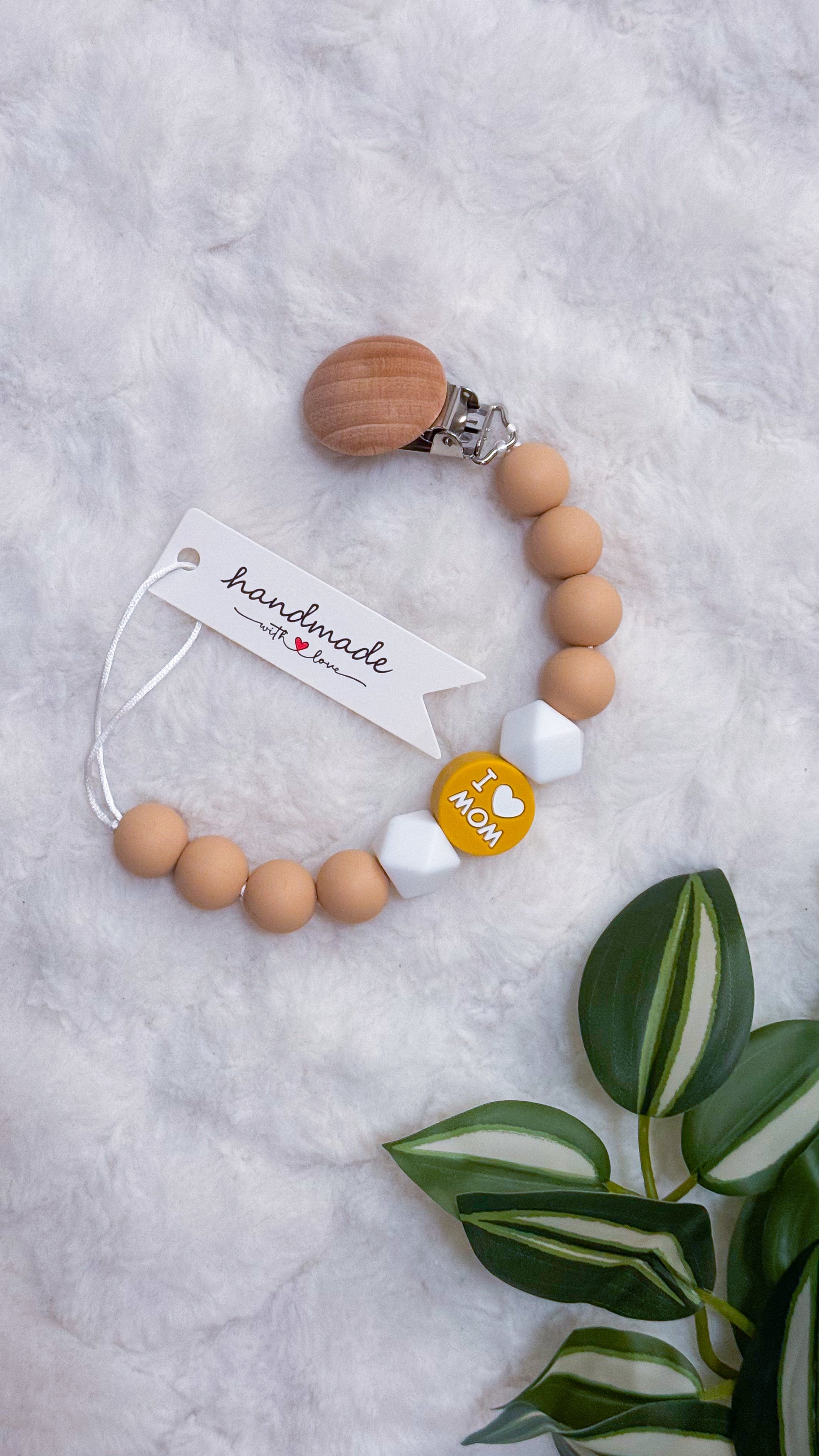 Outseam Pacifier Clip I Love Mom — handmade pacifier holder with silicone beads